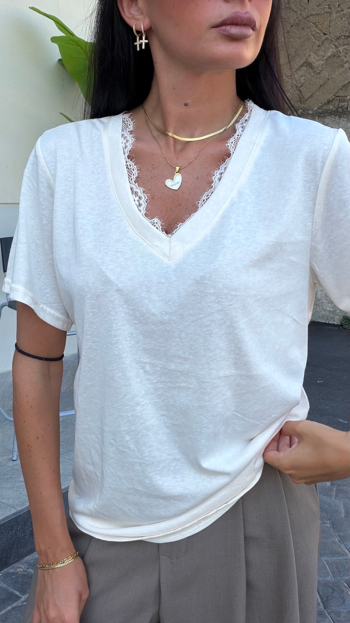 T-shirt merletto beige