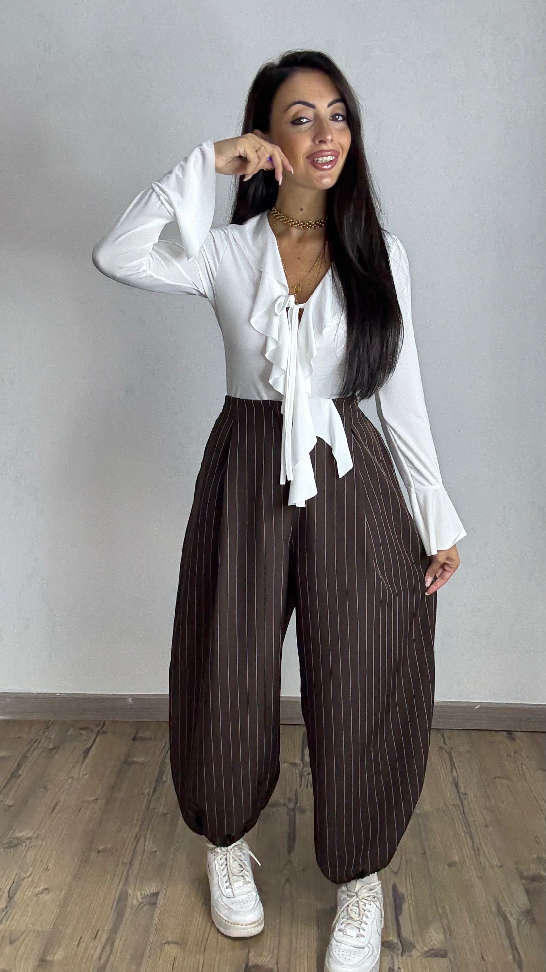 Pantalone Ballon Gessato Marrone