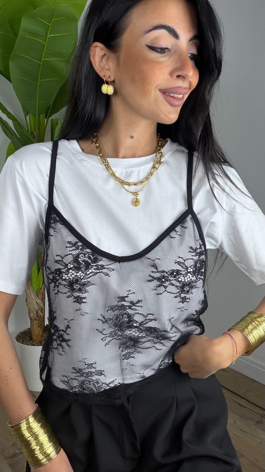 T-shirt con top in Pizzo
