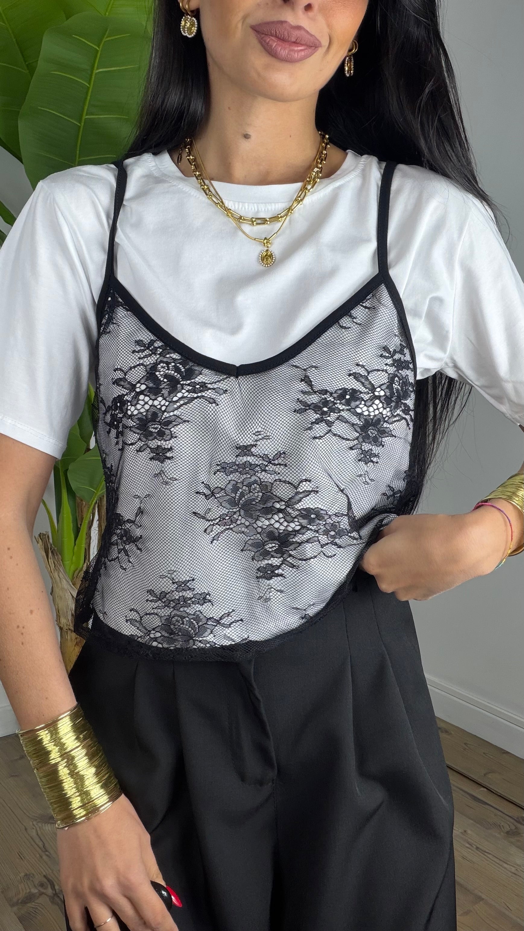 T-shirt con top in Pizzo